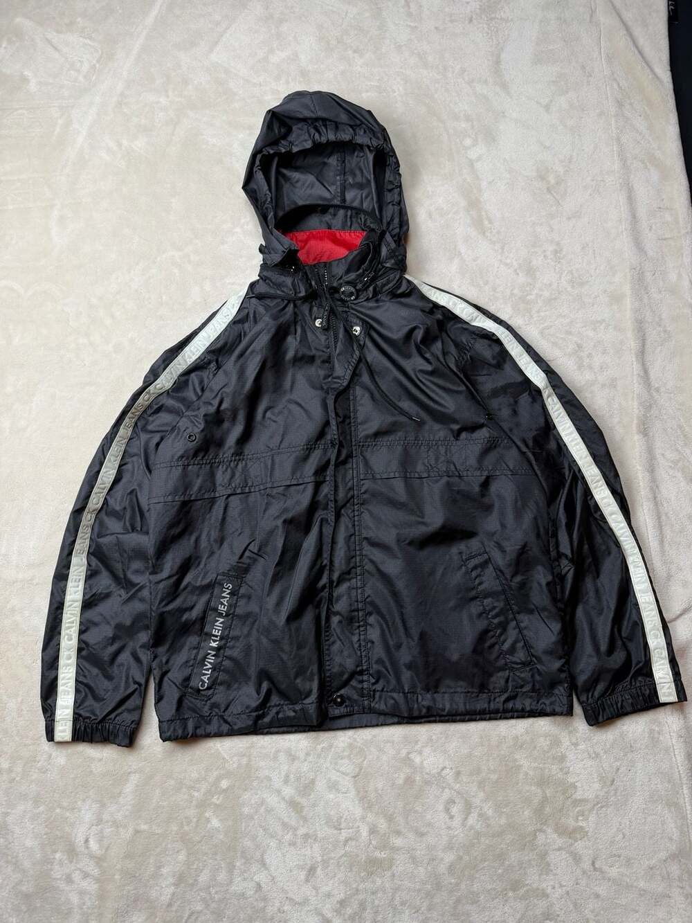 Calvin Klein Jeans Windbreaker Jacket Size S Black Logo Striped